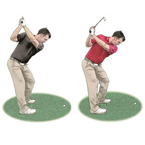 A side-by-side comparison of a
traditional swing (left) and the A Swing (right)