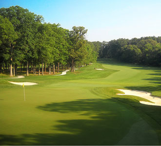 The perched green of the par 4 6th hole 
at the University of Maryland golf course.