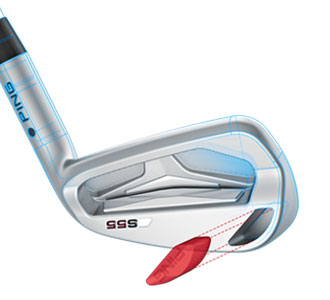 A tungsten toe weight stabilizes the head
at impact on the Ping S55 irons.