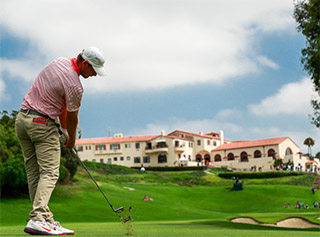 Doc Redman hitting into the 18th hole at Riviera