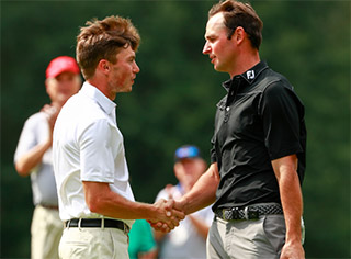 Josh Nichols (L) congratulates Matt Parziale